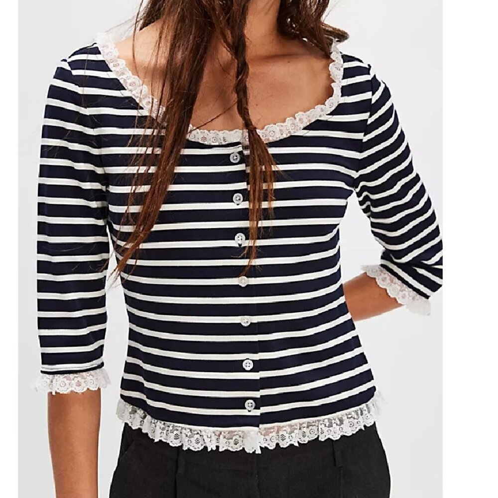 NEW FOR LOVE AND LEMONS SUZETTE BUTTON FRONT BLUE /BLack & WHITE STRIPE TOP S